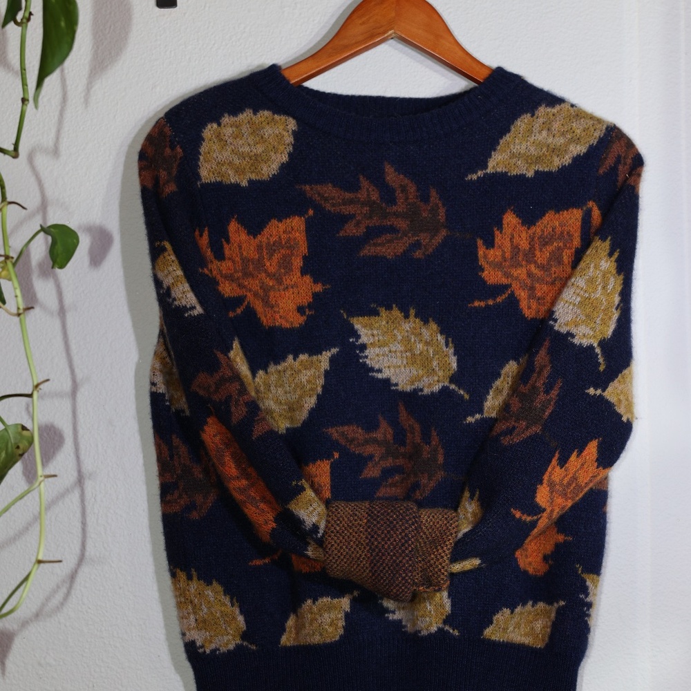 Neil James Patrick, cozy cabin Wool sweater, fall leaves